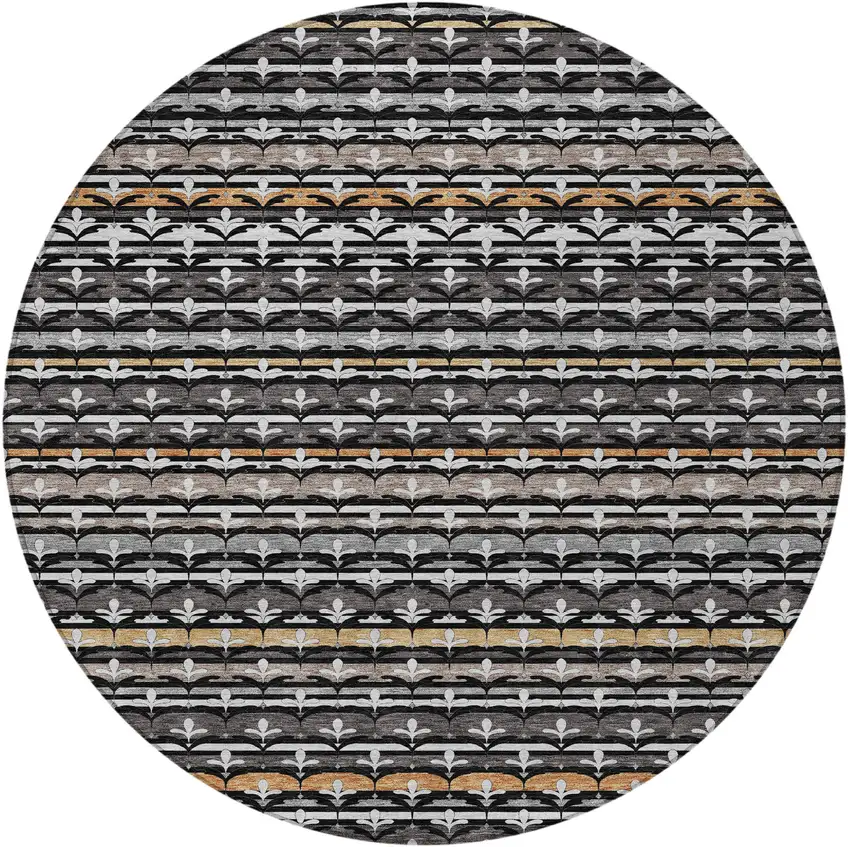 8' Black And Charcoal Round Damask Washable Indoor Outdoor Area Rug Photo 2