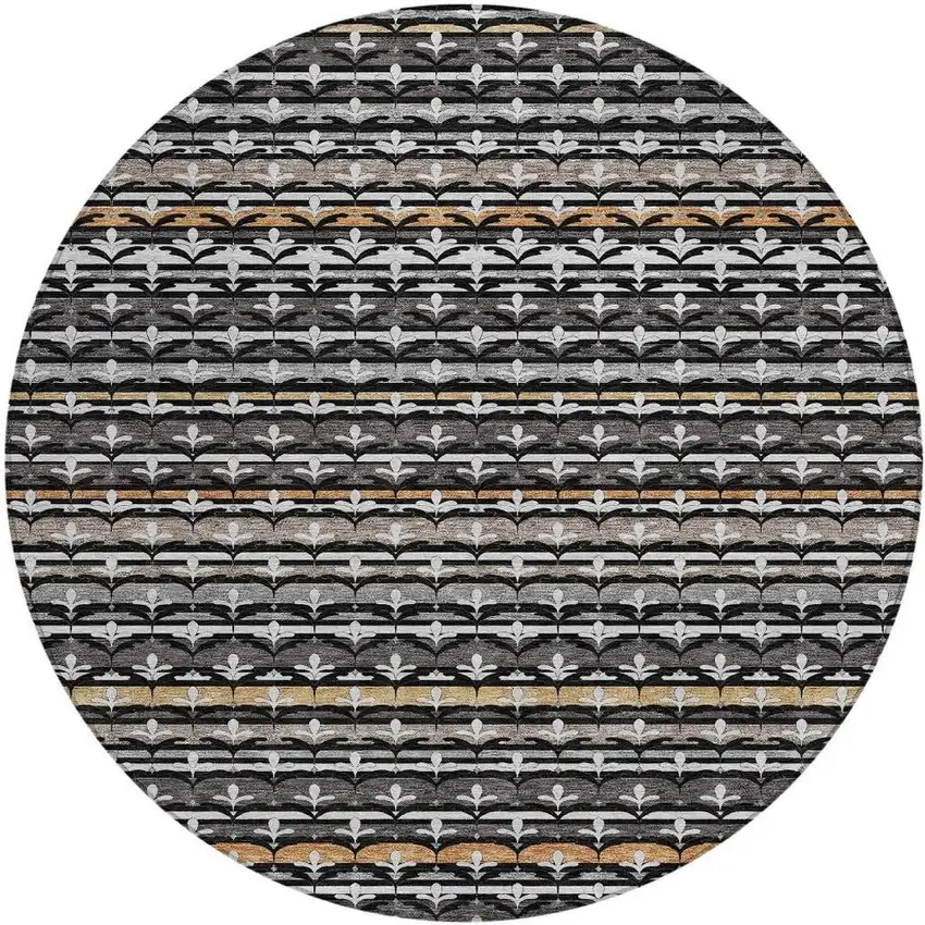 8' Black And Charcoal Round Damask Washable Indoor Outdoor Area Rug Photo 6