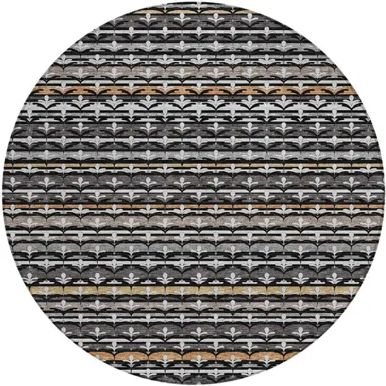 8' Black And Charcoal Round Damask Washable Indoor Outdoor Area Rug Photo 6