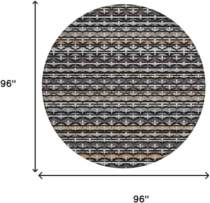 8' Black And Charcoal Round Damask Washable Indoor Outdoor Area Rug Photo 9