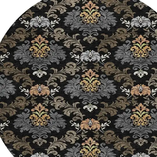 8' Black And Charcoal Round Damask Washable Indoor Outdoor Area Rug Photo 2