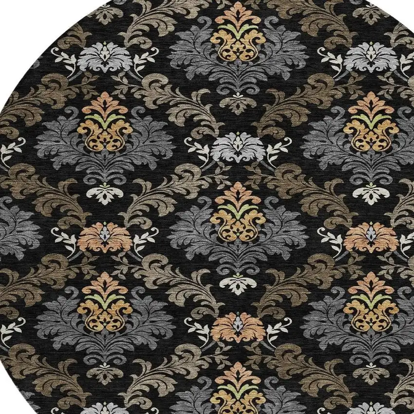 8' Black And Charcoal Round Damask Washable Indoor Outdoor Area Rug Photo 2