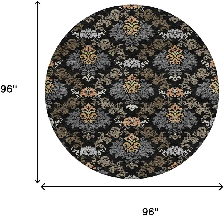 8' Black And Charcoal Round Damask Washable Indoor Outdoor Area Rug Photo 8