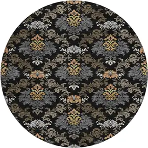 Photo of 8' Black And Charcoal Round Damask Washable Indoor Outdoor Area Rug