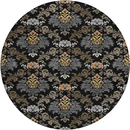 8' Black And Charcoal Round Damask Washable Indoor Outdoor Area Rug Photo 1