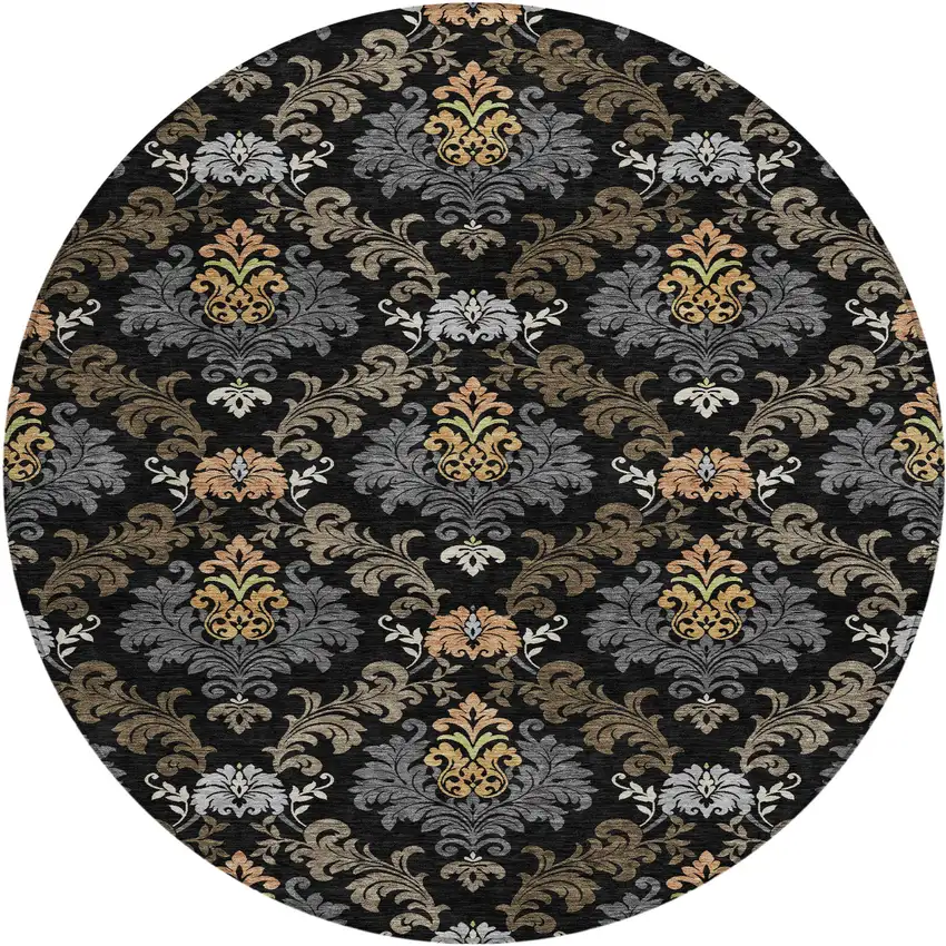 8' Black And Charcoal Round Damask Washable Indoor Outdoor Area Rug Photo 1