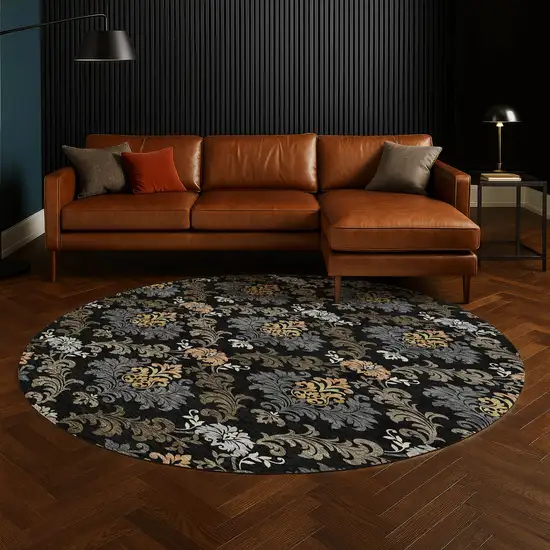 8' Black And Charcoal Round Damask Washable Indoor Outdoor Area Rug Photo 5