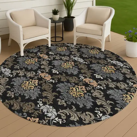 8' Black And Charcoal Round Damask Washable Indoor Outdoor Area Rug Photo 4