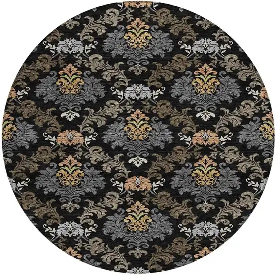 8' Black And Charcoal Round Damask Washable Indoor Outdoor Area Rug Photo 3