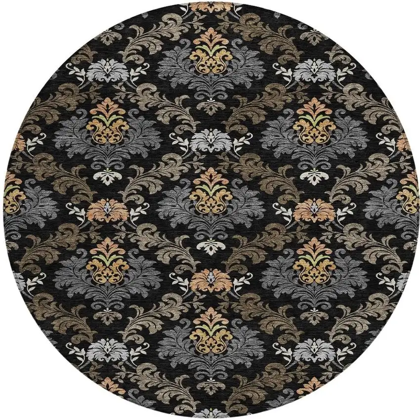 8' Black And Charcoal Round Damask Washable Indoor Outdoor Area Rug Photo 3