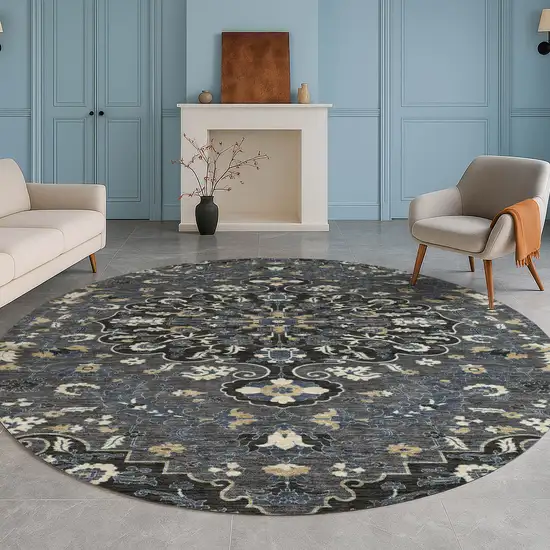 8' Black And Charcoal Round Floral Medallion Washable Indoor Outdoor Area Rug Photo 5