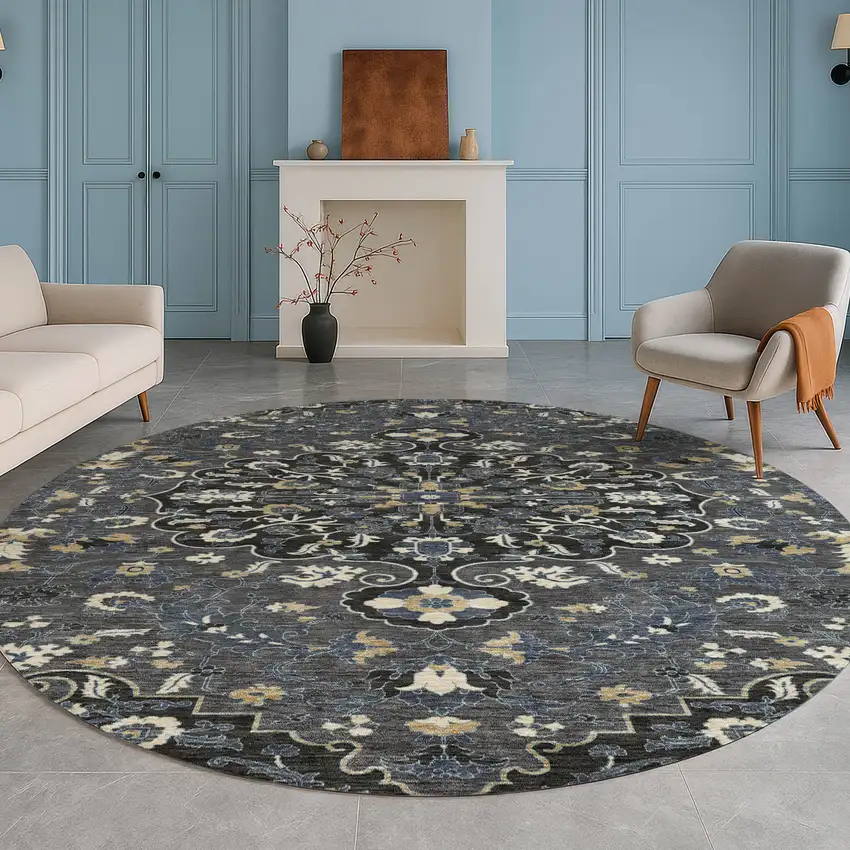 8' Black And Charcoal Round Floral Medallion Washable Indoor Outdoor Area Rug Photo 5