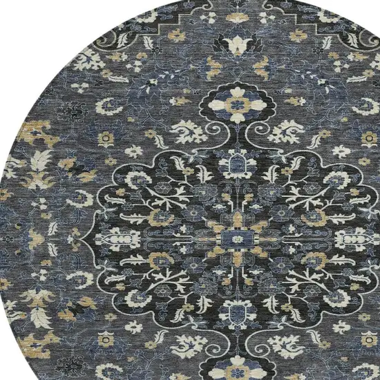 8' Black And Charcoal Round Floral Medallion Washable Indoor Outdoor Area Rug Photo 2