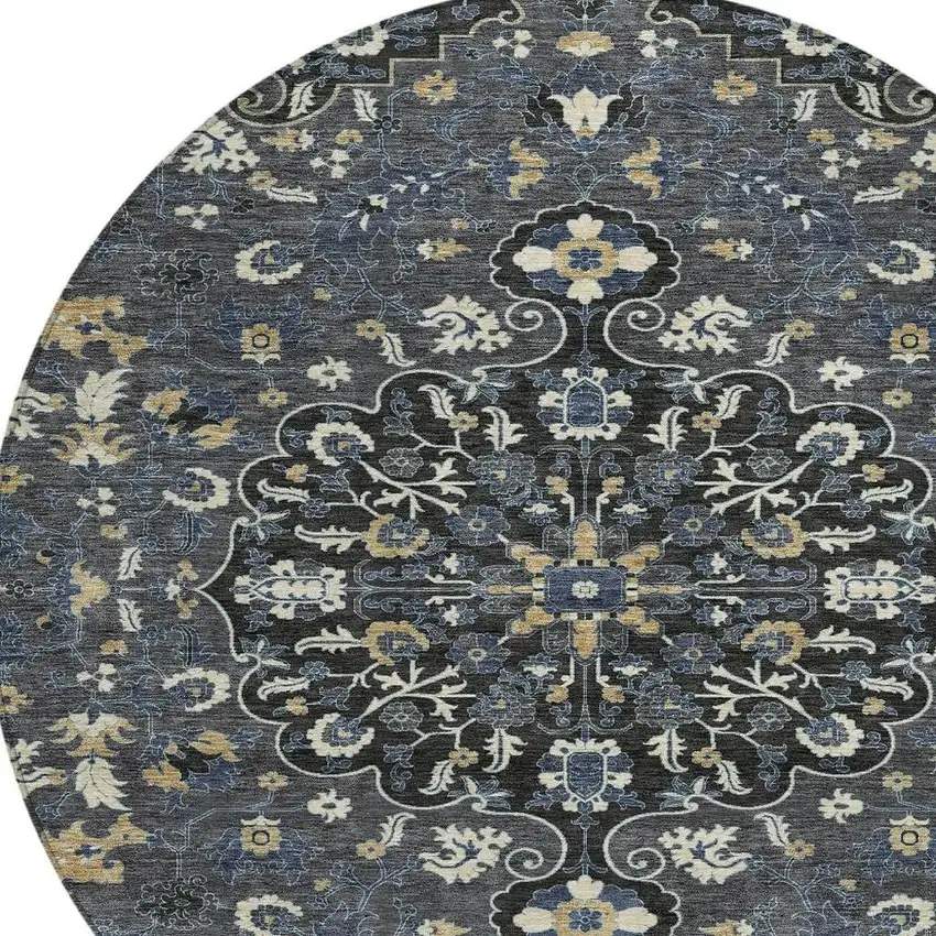 8' Black And Charcoal Round Floral Medallion Washable Indoor Outdoor Area Rug Photo 2