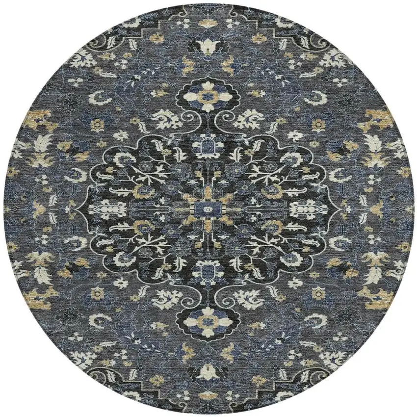 8' Black And Charcoal Round Floral Medallion Washable Indoor Outdoor Area Rug Photo 3
