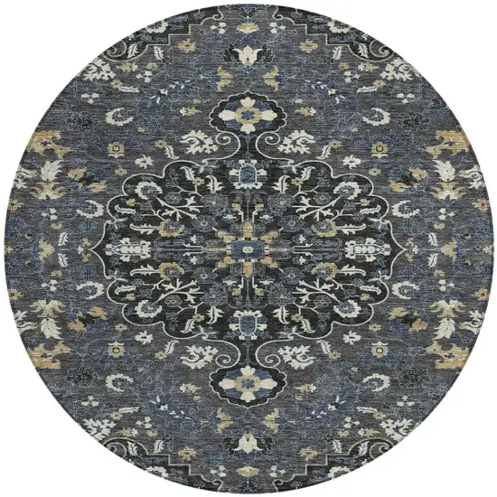 8' Black And Charcoal Round Floral Medallion Washable Indoor Outdoor Area Rug Photo 3