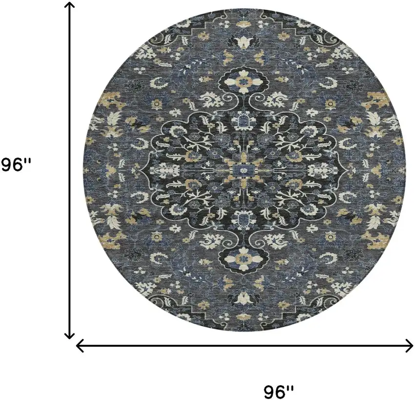 8' Black And Charcoal Round Floral Medallion Washable Indoor Outdoor Area Rug Photo 8