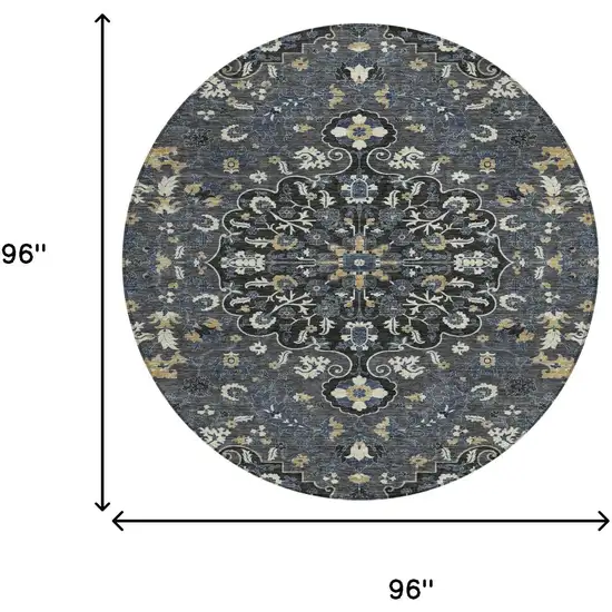8' Black And Charcoal Round Floral Medallion Washable Indoor Outdoor Area Rug Photo 8