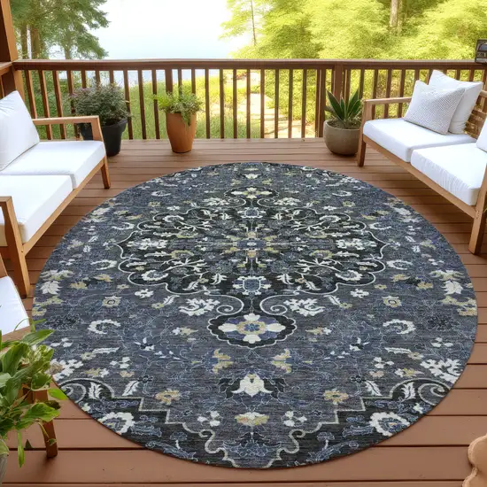 8' Black And Charcoal Round Floral Medallion Washable Indoor Outdoor Area Rug Photo 4