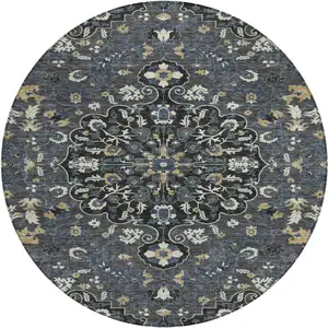 Photo of 8' Black And Charcoal Round Floral Medallion Washable Indoor Outdoor Area Rug