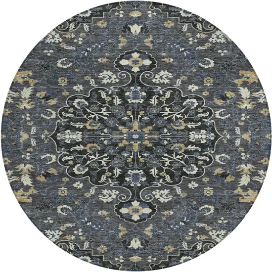 8' Black And Charcoal Round Floral Medallion Washable Indoor Outdoor Area Rug Photo 1