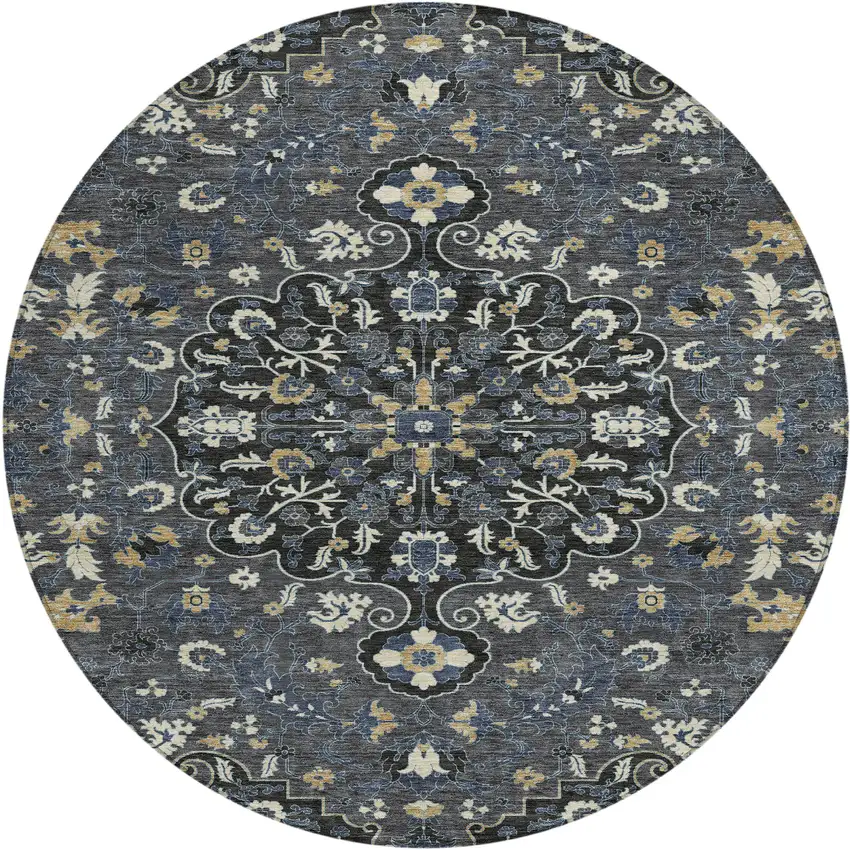 8' Black And Charcoal Round Floral Medallion Washable Indoor Outdoor Area Rug Photo 1