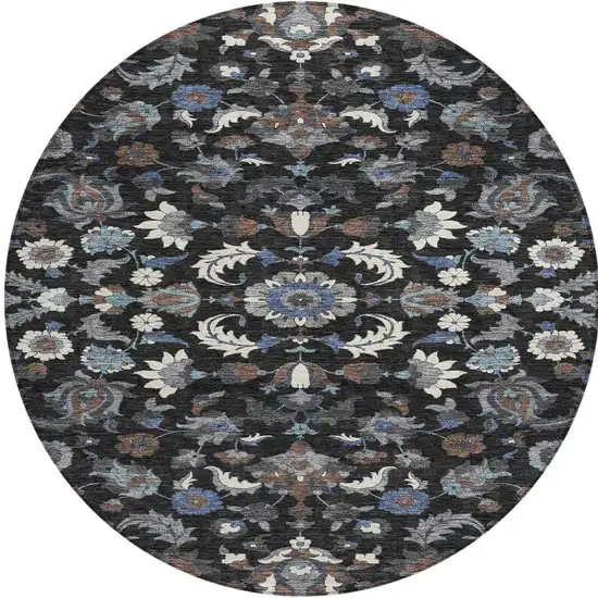 8' Black And Charcoal Round Floral Medallion Washable Indoor Outdoor Area Rug Photo 2