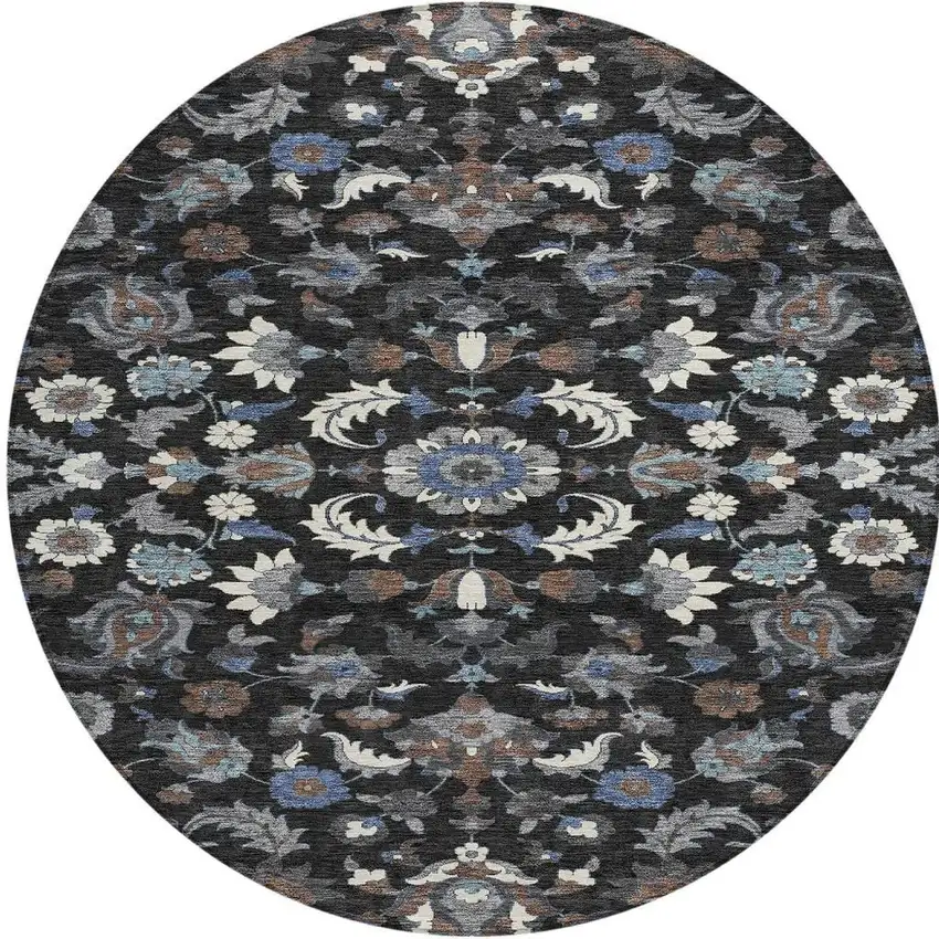 8' Black And Charcoal Round Floral Medallion Washable Indoor Outdoor Area Rug Photo 2