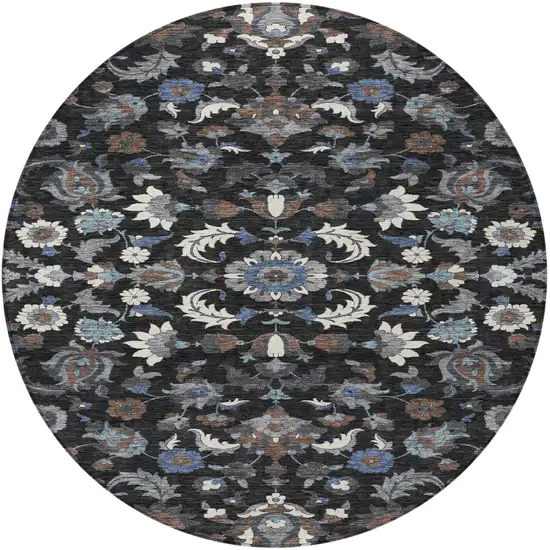 8' Black And Charcoal Round Floral Medallion Washable Indoor Outdoor Area Rug Photo 3