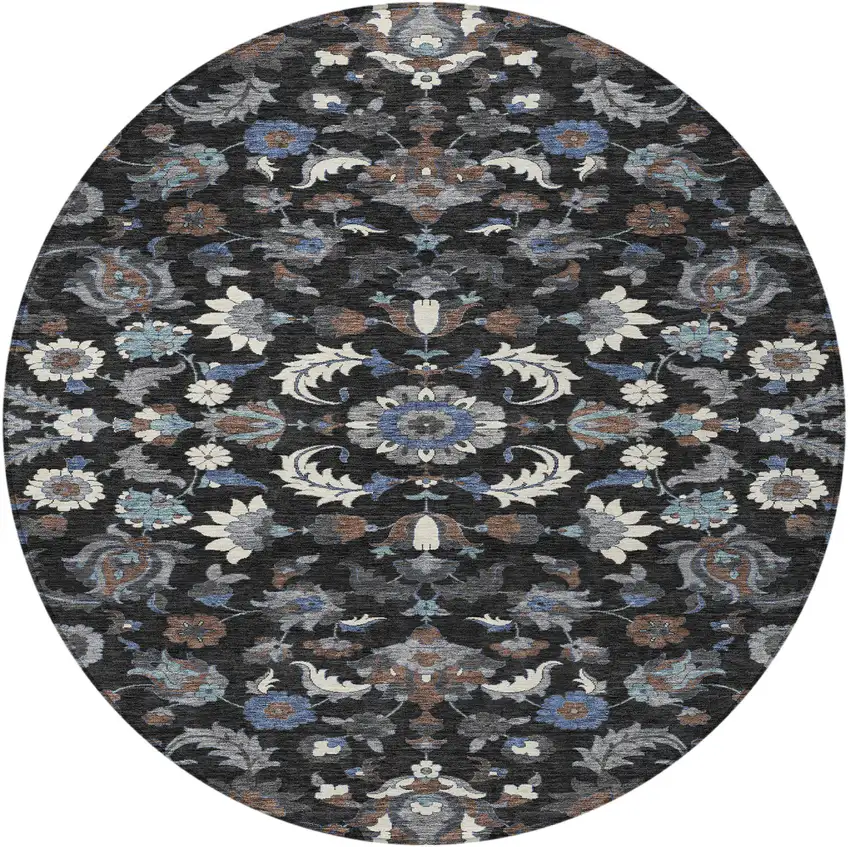 8' Black And Charcoal Round Floral Medallion Washable Indoor Outdoor Area Rug Photo 3