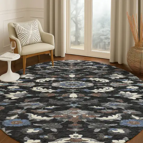 8' Black And Charcoal Round Floral Medallion Washable Indoor Outdoor Area Rug Photo 5