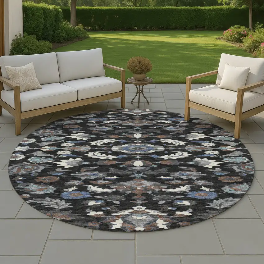 8' Black And Charcoal Round Floral Medallion Washable Indoor Outdoor Area Rug Photo 4