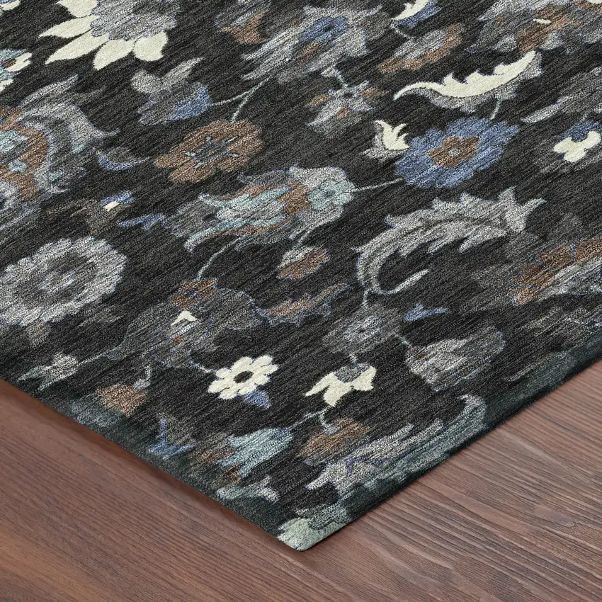 8' Black And Charcoal Round Floral Medallion Washable Indoor Outdoor Area Rug Photo 6