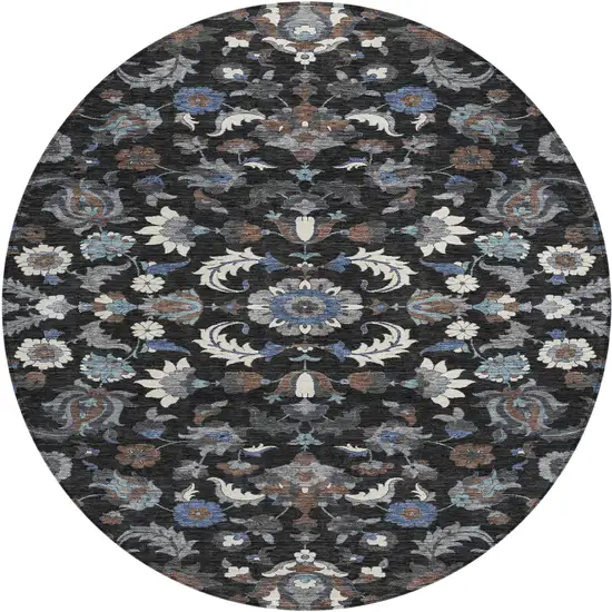 8' Black And Charcoal Round Floral Medallion Washable Indoor Outdoor Area Rug Photo 1