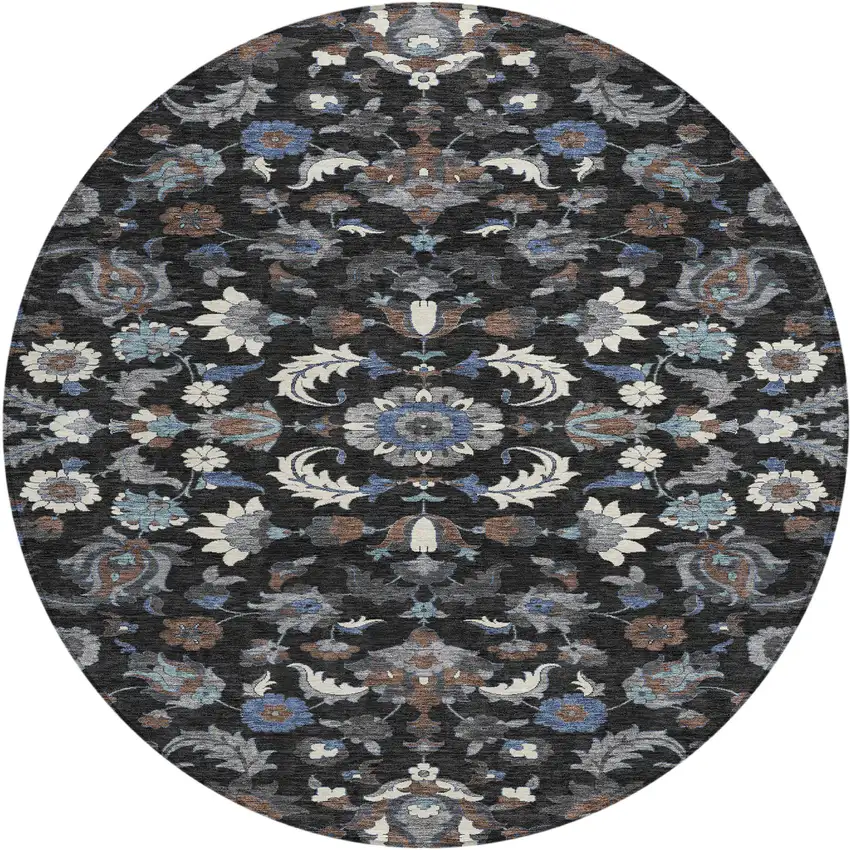 8' Black And Charcoal Round Floral Medallion Washable Indoor Outdoor Area Rug Photo 1