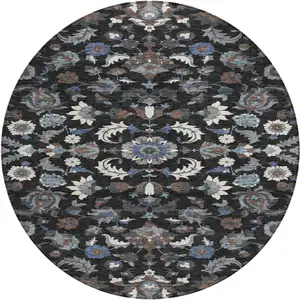 Photo of 8' Black And Charcoal Round Floral Medallion Washable Indoor Outdoor Area Rug