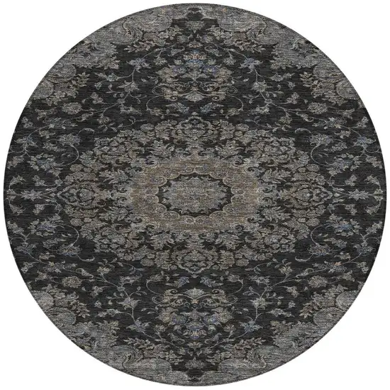 8' Black And Charcoal Round Floral Medallion Washable Indoor Outdoor Area Rug Photo 3
