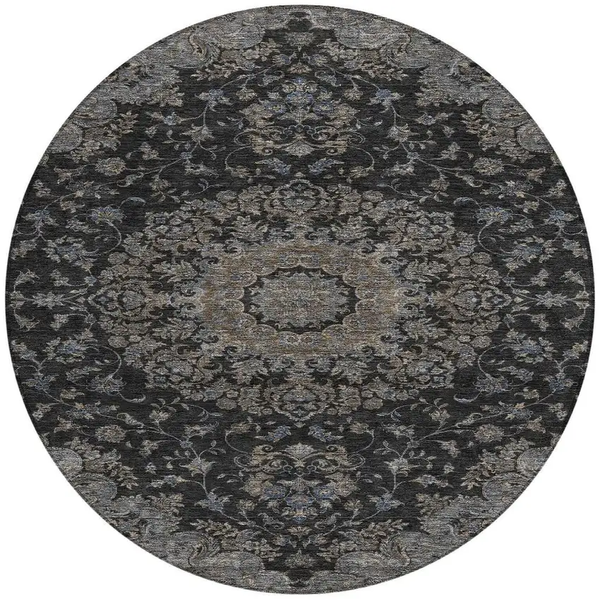 8' Black And Charcoal Round Floral Medallion Washable Indoor Outdoor Area Rug Photo 3