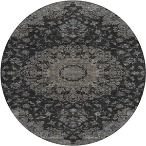 Photo of 8' Black And Charcoal Round Floral Medallion Washable Indoor Outdoor Area Rug