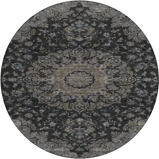 8' Black And Charcoal Round Floral Medallion Washable Indoor Outdoor Area Rug Photo 1