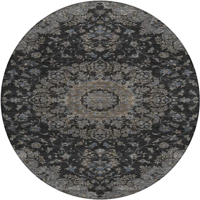 8' Black And Charcoal Round Floral Medallion Washable Indoor Outdoor Area Rug Photo 1