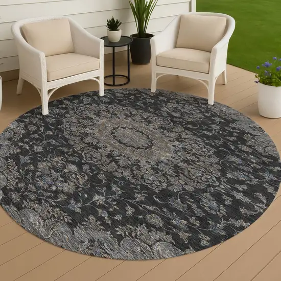 8' Black And Charcoal Round Floral Medallion Washable Indoor Outdoor Area Rug Photo 4