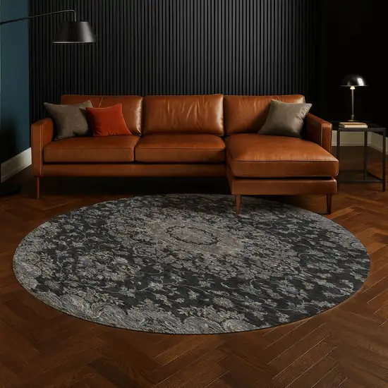 8' Black And Charcoal Round Floral Medallion Washable Indoor Outdoor Area Rug Photo 5