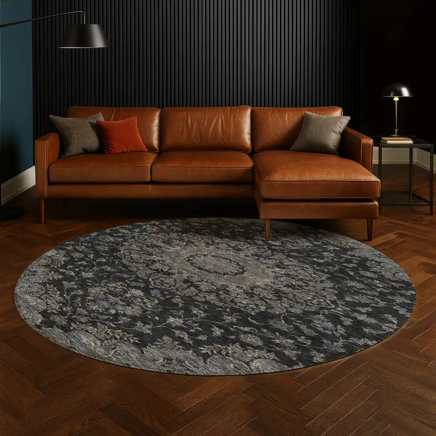 8' Black And Charcoal Round Floral Medallion Washable Indoor Outdoor Area Rug Photo 5