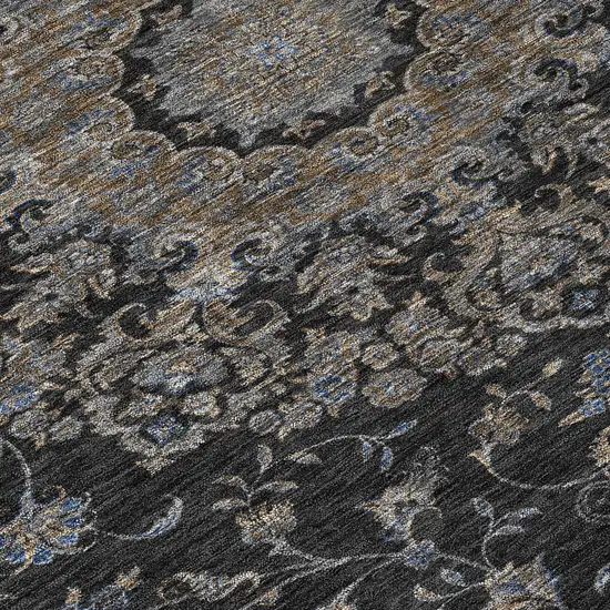 8' Black And Charcoal Round Floral Medallion Washable Indoor Outdoor Area Rug Photo 7