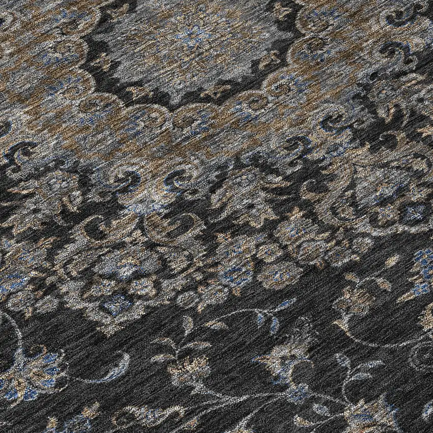 8' Black And Charcoal Round Floral Medallion Washable Indoor Outdoor Area Rug Photo 7