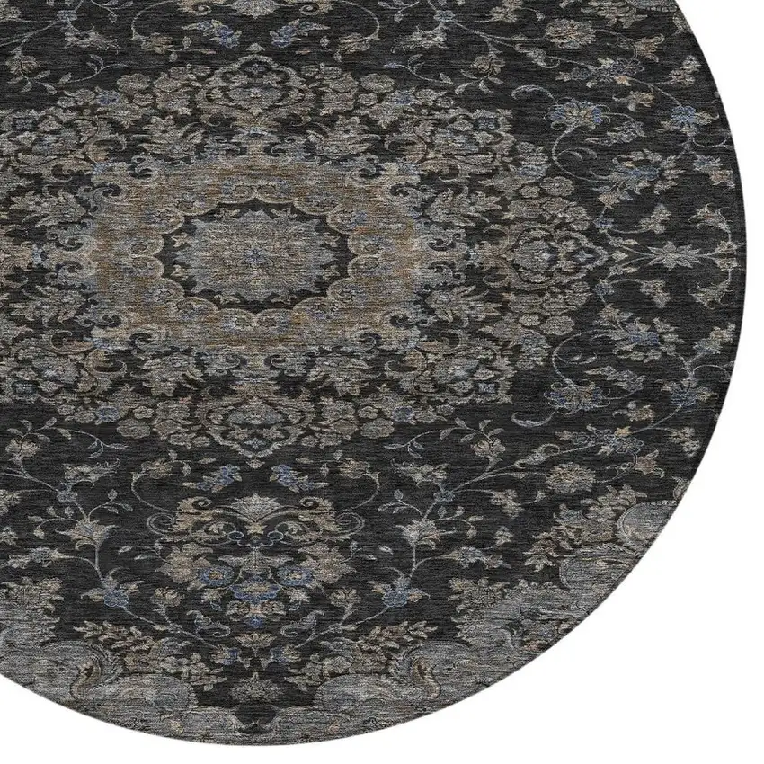 8' Black And Charcoal Round Floral Medallion Washable Indoor Outdoor Area Rug Photo 2