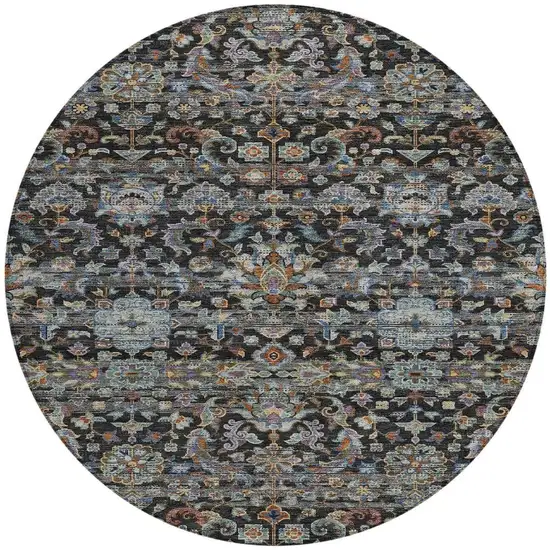 8' Black And Charcoal Round Floral Medallion Washable Indoor Outdoor Area Rug Photo 4