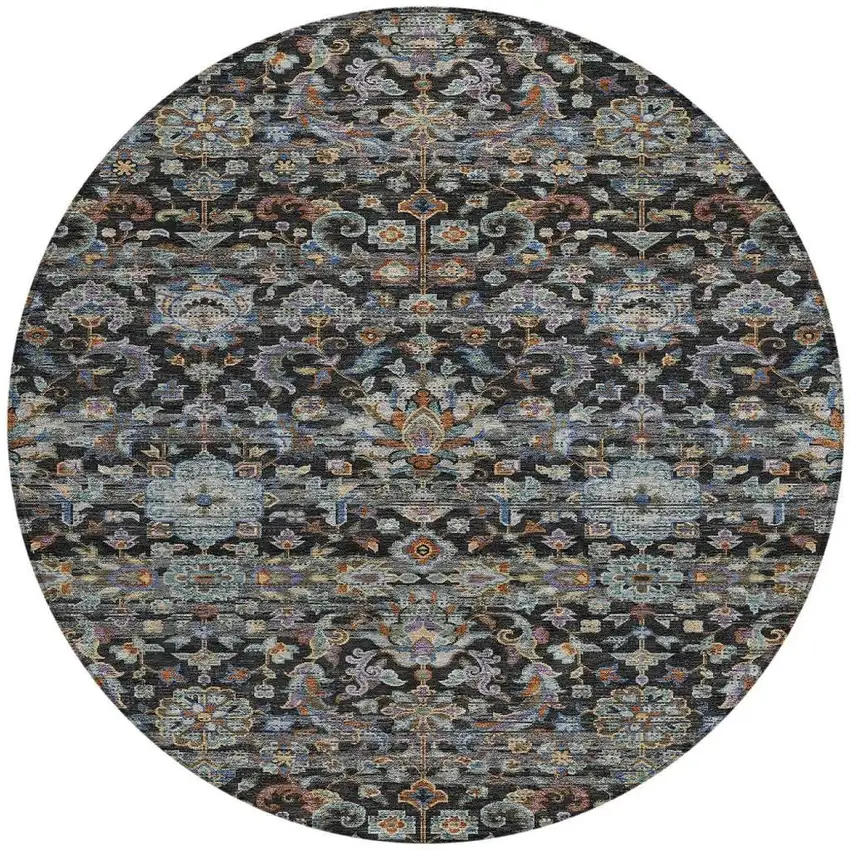 8' Black And Charcoal Round Floral Medallion Washable Indoor Outdoor Area Rug Photo 4