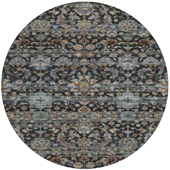 8' Black And Charcoal Round Floral Medallion Washable Indoor Outdoor Area Rug Photo 2